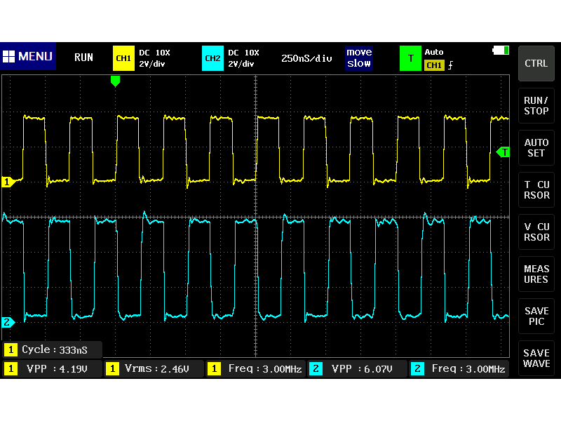 オシロスコープによる出力信号の観測 (3MHz)