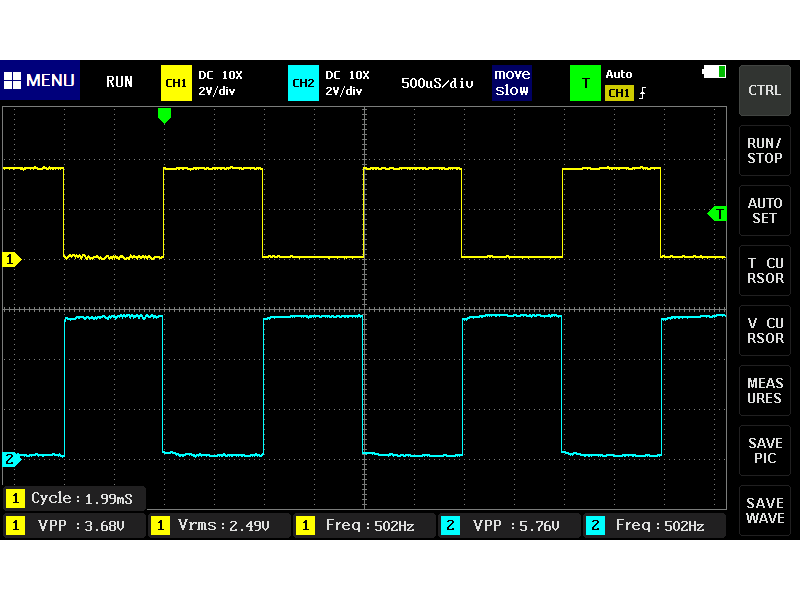 オシロスコープによる出力信号の観測 (502Hz)