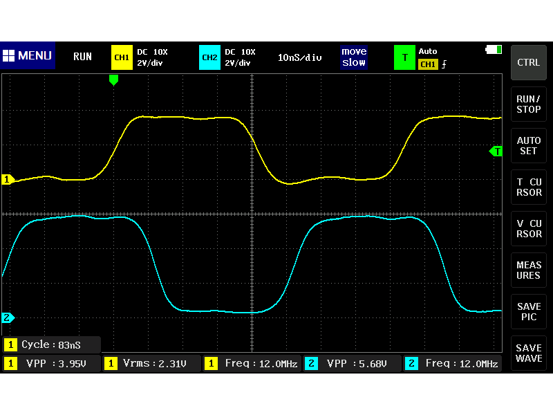 オシロスコープによる出力信号の観測 (12MHz)